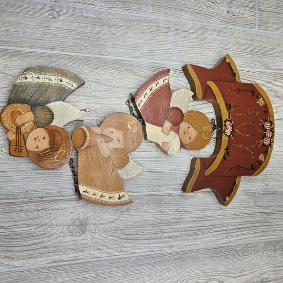 Angel Wood Wall Hanging Hand Painted Tole Vtg Christmas JOY Angels Handmade - Picture 6 of 14